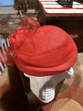 Vintage Red Dress Hat Fascinator Floral Bow Mesh Church Tea Party Derby
