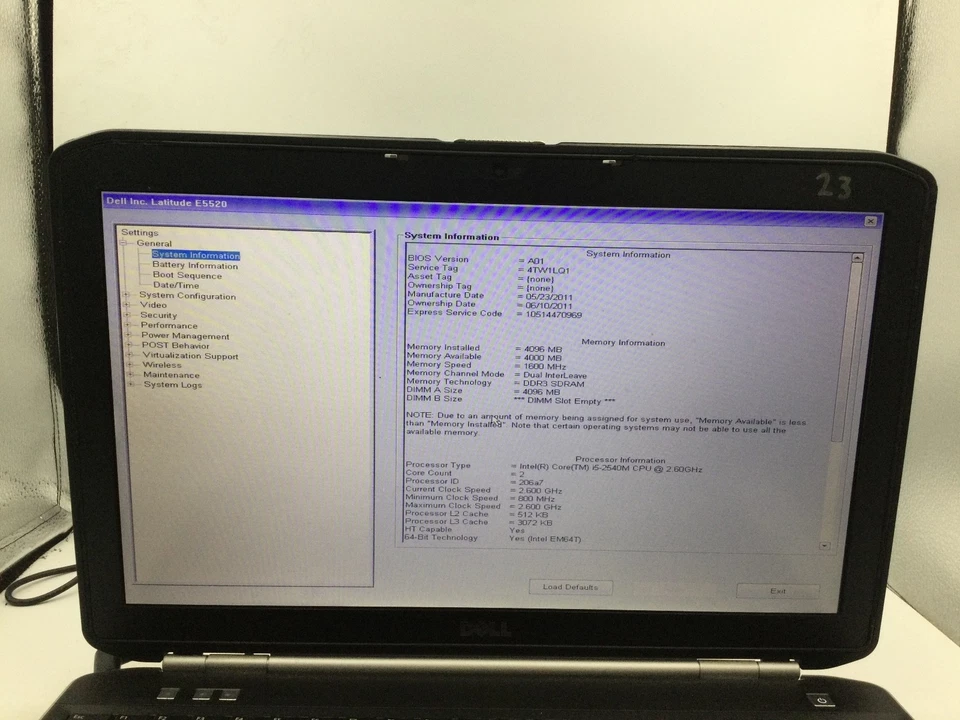 DELL LATITUDE E5520 - BOOTS TO BIOS - INTEL I5 2410 - 8GB RAM - 15" - READ - BB! - Image 2 of 4