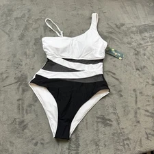 Blooming Jelly Swimsuit Womens Medium Black White One Shoulder Monokini Mesh NWT