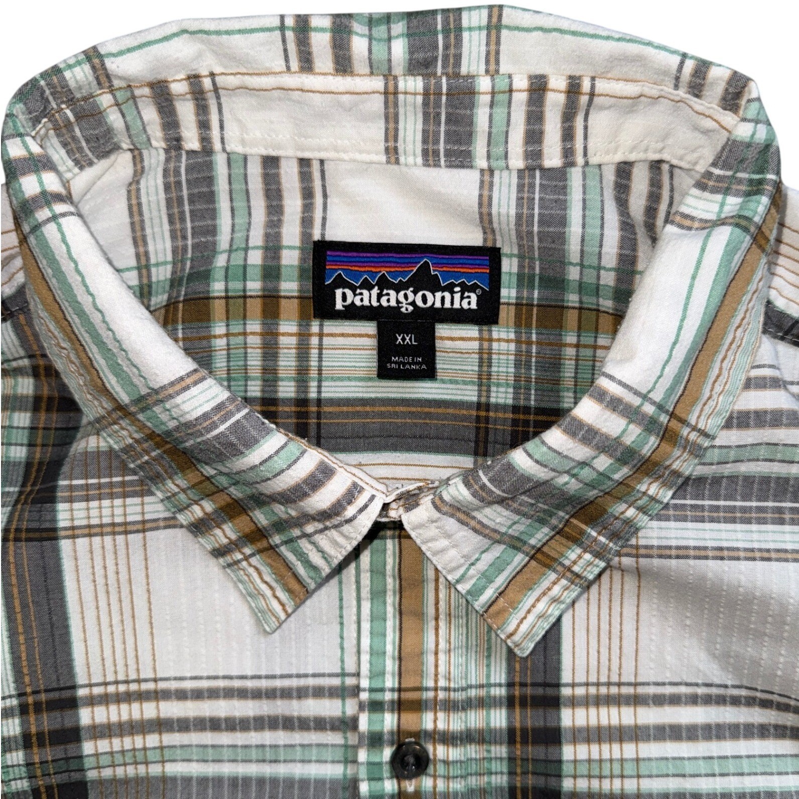 Patagonia Mens XXL Short Sleeve Button Down Plaid Shirt Green Tan White Outdoor thumbnail 4