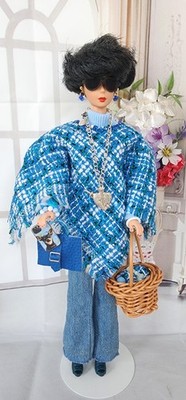 HANDMADE FOR BARBIE DOLL CLOTHES HIPPIE BOHO BLUE PONCHO PANTS SET 