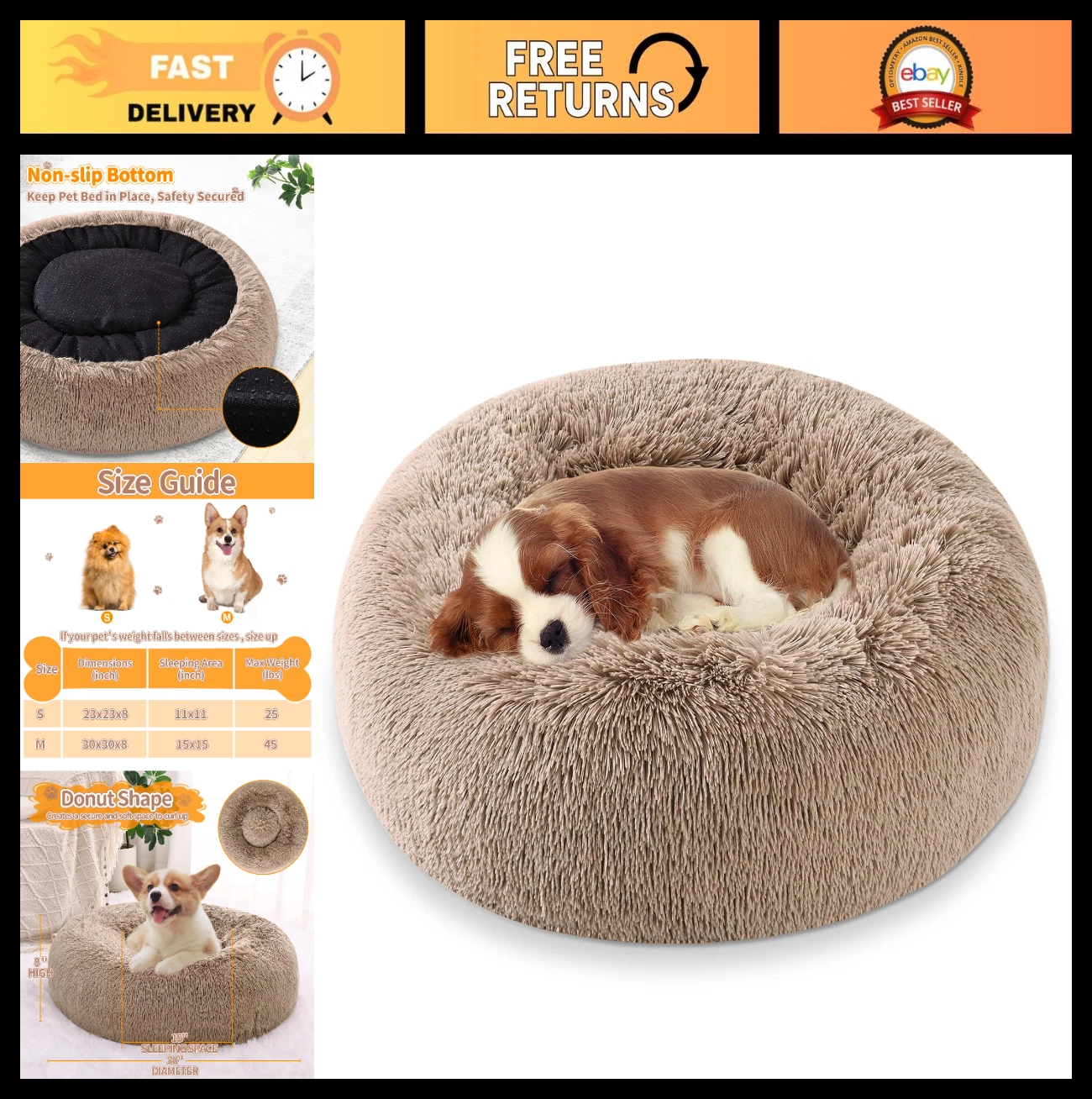 Cozy Self-Warming Donut Pet Bed for Dogs & Cats, Washable Fluffy Round Bed 30