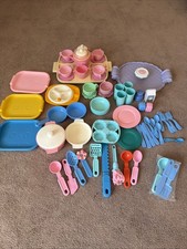 Vintage Fisher Price Fun w/ Food Toy Kitchen Items Tea Set Platter Dishes Pots