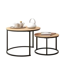 Industrial Round Coffee Table Set of 2 End Table for Living Room,Stacking Sid...