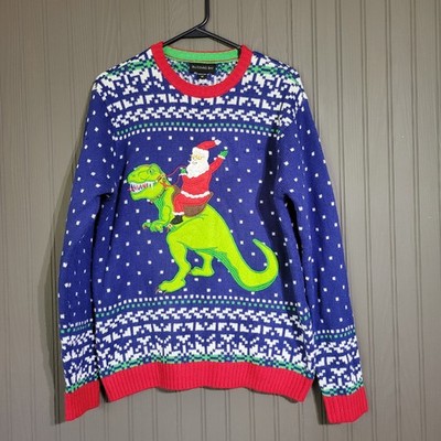 Blizzard Bay Ugly Christmas Sweater ''Santa Riding T-Rex'' Blue Red Men s Medium