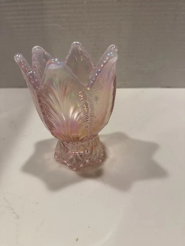 Fenton Pink Iridescent Art Glass Tulip Shape 2 Way Votive Candle Holder 4"H X 3"