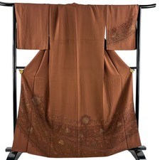 Japanese Silk Houmongi Kimono L 163.5cm Brown Floral pattern Floral arabesque 59