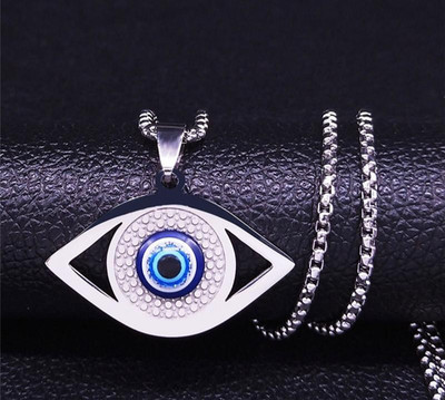 Blue Evil Eye Hamsa Necklace Stainless Steel Turkish Greek Protection Charm