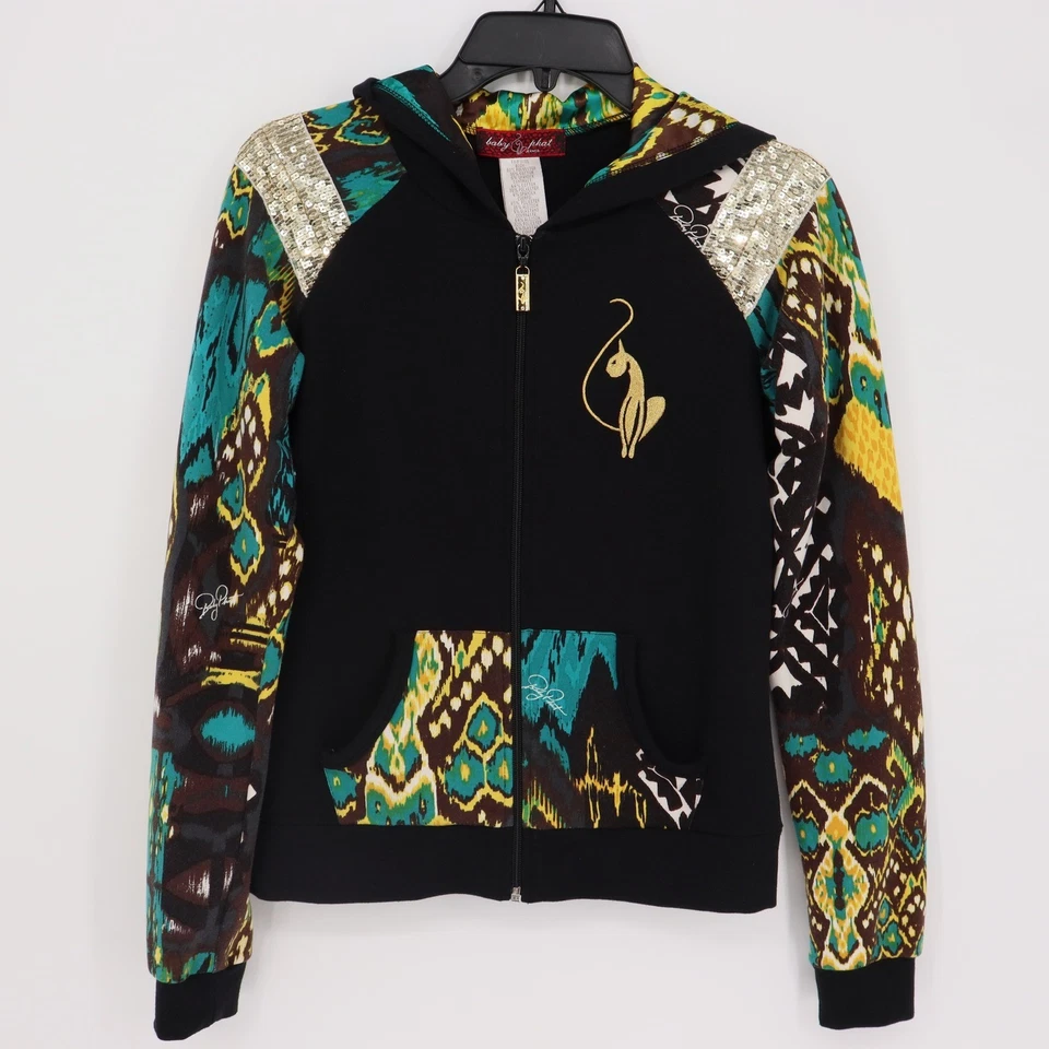 Conjunto de chándal Baby Phat Top M Pantalones L Negro Dorado Logo de gato Lentejuelas Acentos Y2K Foto 2 de 4