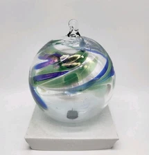 Zorza Mouthblown Art Glass Christmas Ornament Orb Poland Blue Green Swirl 4"