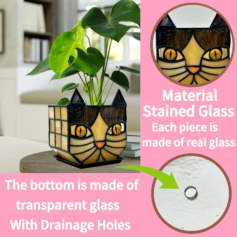 Stained Glass Cat Planter, Indoor Flower Pots with Drainage, Cute Succulent - Image 3 of 4