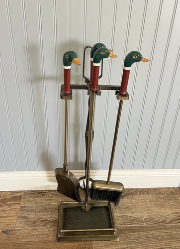 Brass Duck Head Fireplace Tool Set Vintage 1970s Mallard 4 Tools + Stand MCM