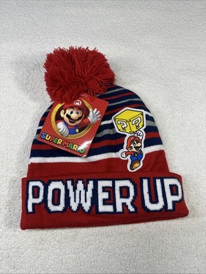 Super Mario Bros Power Up Red Blue Pom-Pom Knit Beanie Hat Winter Cap New OSFM