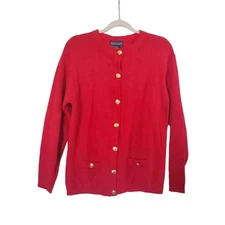 Herman Geist Holiday Red Gold Button Front Knit Cardigan Sweater, Size Medium