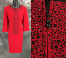 BEAUTIFUL St John knit red rhinestones embellished Evening skirt suit size 8 10