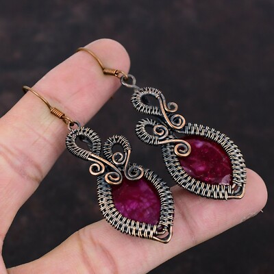 Gift For Her Kashmir Rubi Wire Wrapped Drop/Dangle Earrings Copper Jewelry 2.76''