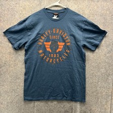 Harley Davidson Shirt Men Large Heather Blue Orange Motorcycle Biker Spell out