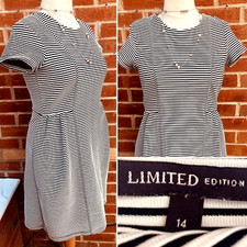 M&S Size 14 Navy Blue White Striped Dress Stretch Spring Wedding Excellent S6