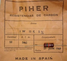 VINTAGE PIHER RESISTOR. 1W 15K 5% *1 PC* NEW ORIGINAL 1970 ́S+ RC691