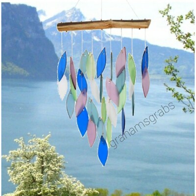 BLUE HANDWORKS CUT GLASS & DRIFTWOOD MOUNTAIN RIDGE WATERFALL WIND CHIME