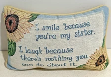 Vtg Spring Tapestry Decorative Pillow 11x8 Couch Sofa SunFlower Laugh Sisters