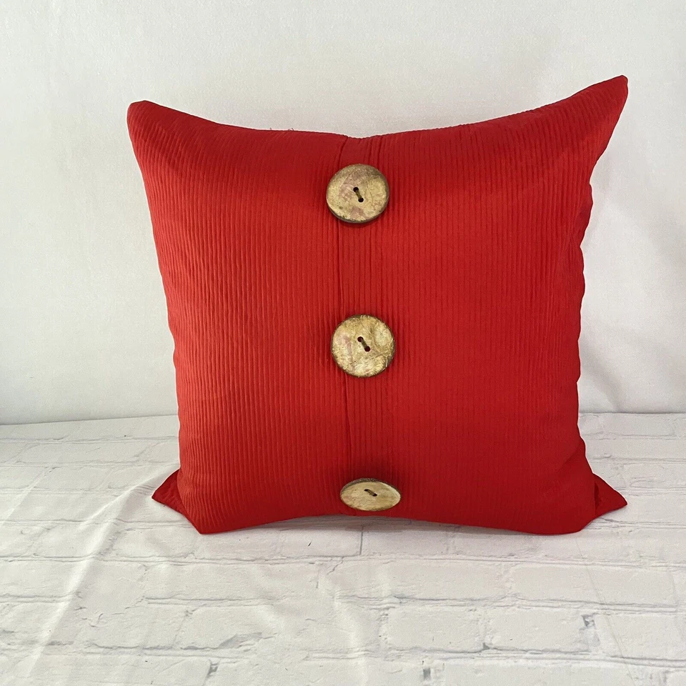 Thro by Marlo Martha Red Linen Feather-Filled Throw Pillow Wooden Button - Image 2 of 4