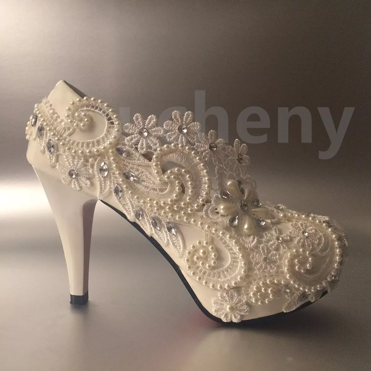 su.cheny- 3 4” heel white ivory satin lace ribbon open toe Wedding Bridal  shoes