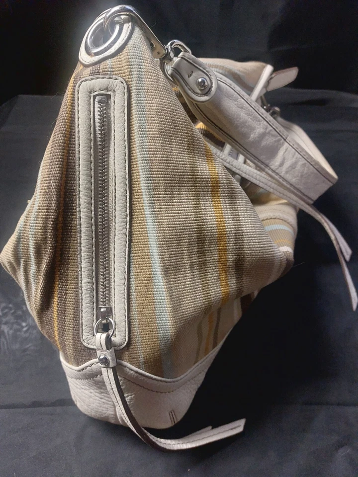Vintage Eddie Bauer Leather & Neutral Earthtone Striped Canvas Hobo Boho Purse - Image 4 of 4