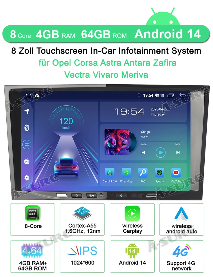 8 Core 4+64G Android 14 Navi Autoradio Für OPEL Zafira B Vivaro Vectra Corsa C D - Bild 2 von 4