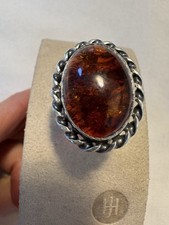 Large Vintage Sterling Silver  A Big Natural Amber Cabochon Ring Size 6
