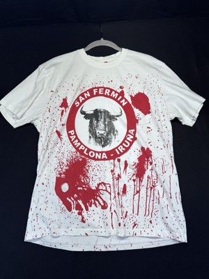 San Fermin Pamplona Bull Running Festival XL T-Shirt White Red Splatter Tee