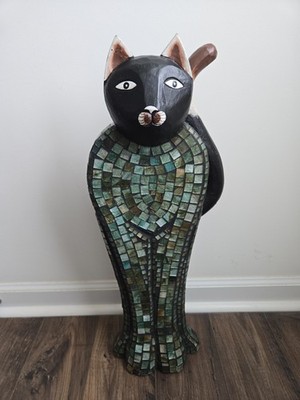 Large Mosaic Black Cat Statue Figurine 23  Tall Handcrafted Folk Art Resin Shell