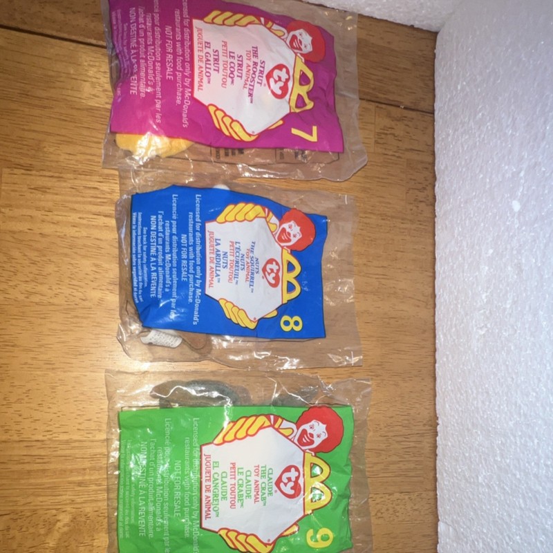 Ty Teenie Beanies Strut Rooster Nuts Squirrel Claude Crab McDonald's Set