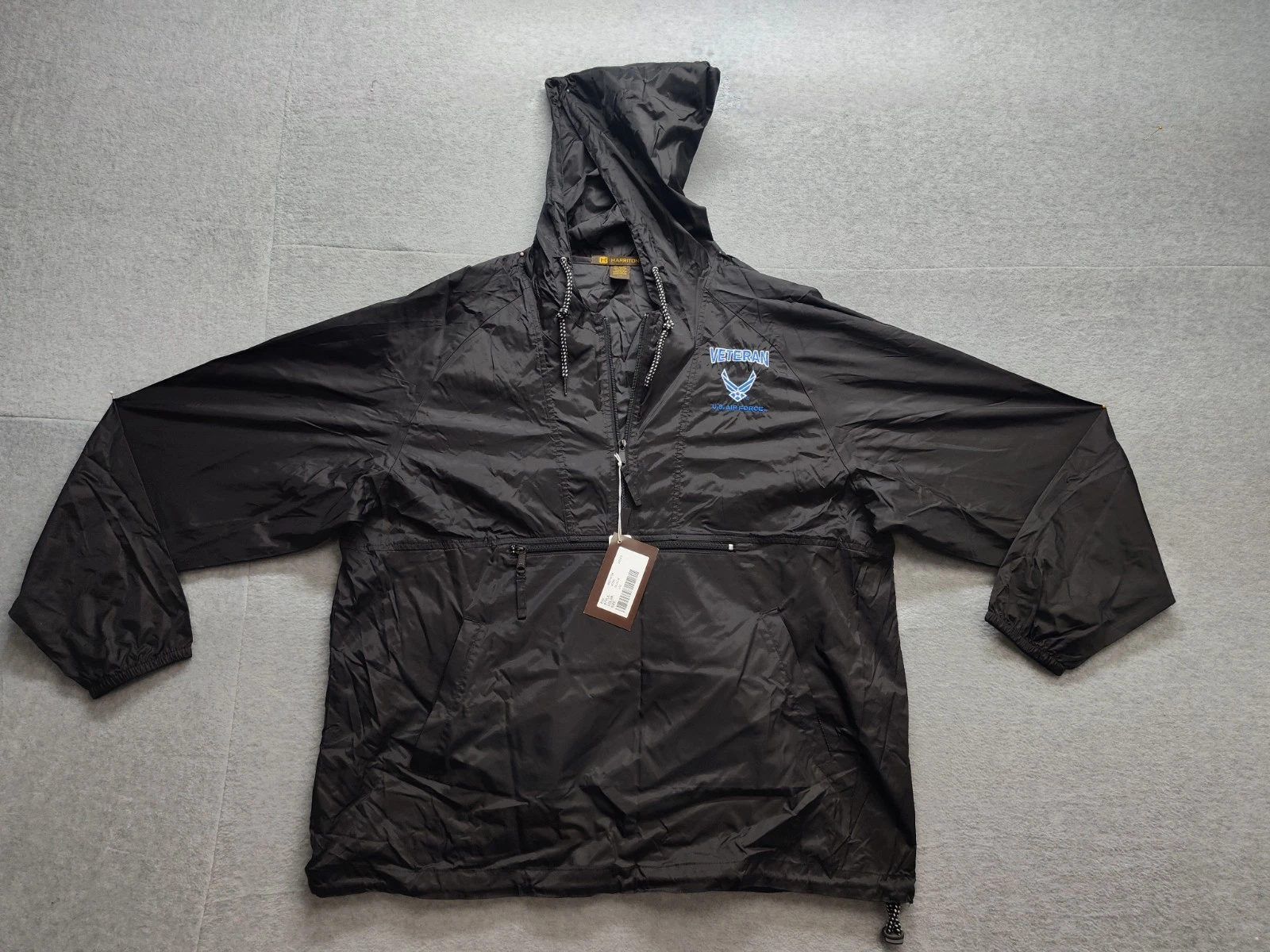 Harriton Men Windbreaker Jacket L Black 100% Nylon Packable 1/4 Zip Hooded Logo