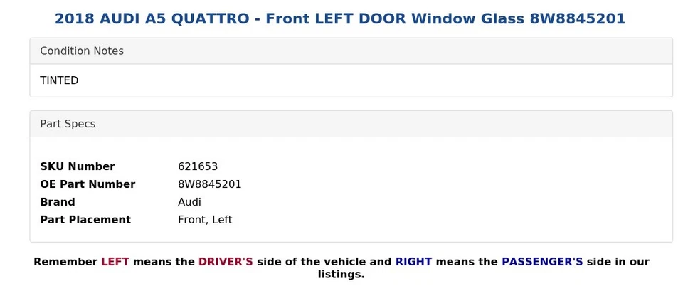2018 AUDI A5 QUATTRO - Front LEFT DOOR Window Glass 8W8845201 - Image 3 of 4