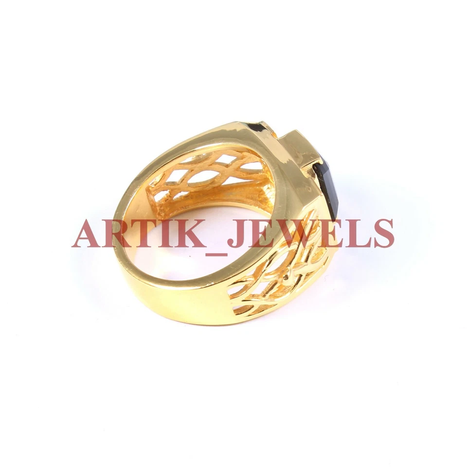 Natürlich Schwarzer Onyx Edelstein Mit Vergoldet 925 Sterlingsilber Ring #2705 - Bild 3 von 3