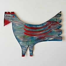 R A Miller  FOLK ART  Rooster  painting  on  metal early 2 sided OUTSIDER