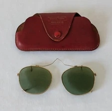 Antique  1930's Pr of Glass Clip On Sunglasses  w/Leather Hospital Case Virginia
