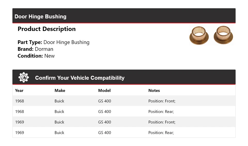 Buje de bisagra de puerta Dorman para Buick GS 400 1968-1969 Foto 2 de 4
