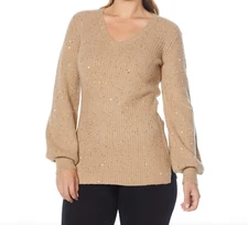 Nina Leonard Women's Balloon Sleeve Pullover Sweater Solid Tan X-Large Size