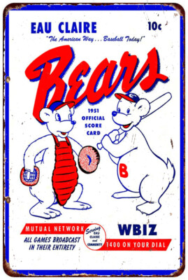 #ad 1951 Vintage Eau Claire Bears Baseball Scorecard Cover Reproduction metal sign $24.95
