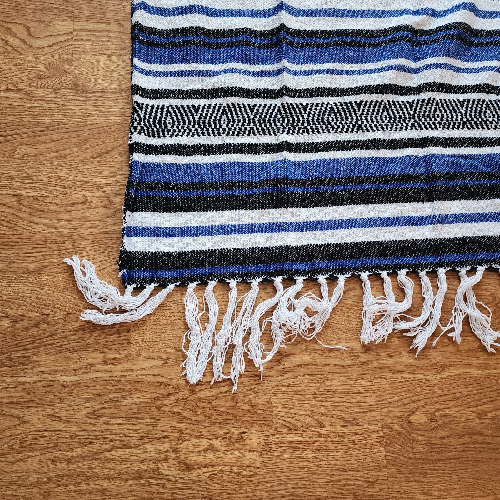 Traditional Mexican Blanket Striped Blue Black White 4’x6’ Yoga Picnic