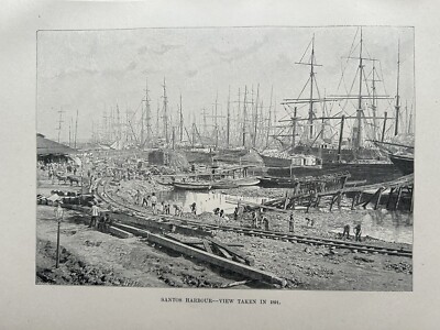 1894 Blick auf den Hafen von Santos, São Paulo, Brasilien Original antiker Druck