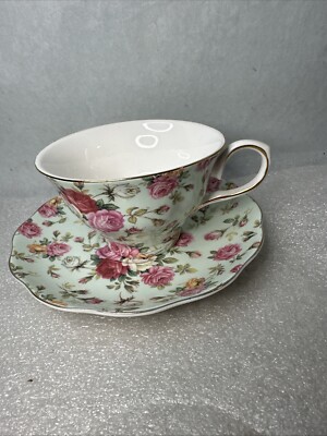 Gracie China by Coastline Imports Teacup and Saucer Set Green Roses Gold Trim