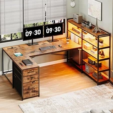 Reversible U Shaped Office Desk with 3 Fabric Drawer, LED Strip &Storage Shelves