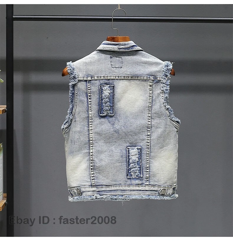 Mujeres Denim Lentejuelas Agujero Roto Chaleco Botón Informal Prendas exteriores Jeans Chaleco S-2XL Foto 3 de 4