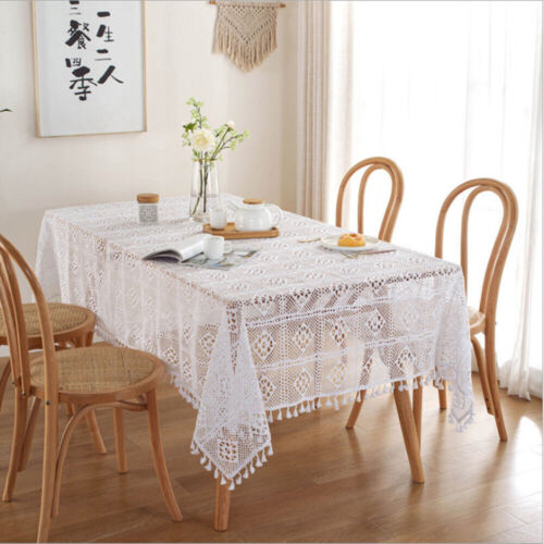 White Vintage Handmade Crochet Lace Tablecloth Doily Dining Table Cover Wedding - Afbeelding 1 van 34