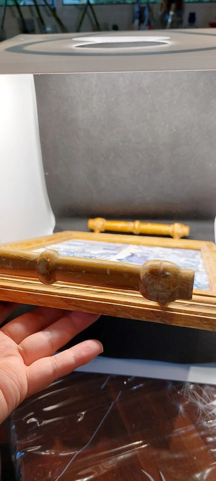 Tray Ceramic Portugal Blue White Prints Wooden Frame Handler Home Decor Kitchen - Photo 4/4