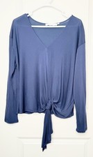 ASTR The Label Womens L Blue Modal Tie Front Long Sleeve V Neck Top Soft Drape