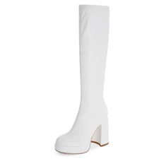 Knee High Boots for Women Platform White Chunky Heel Boots High Heel Rounded ...
